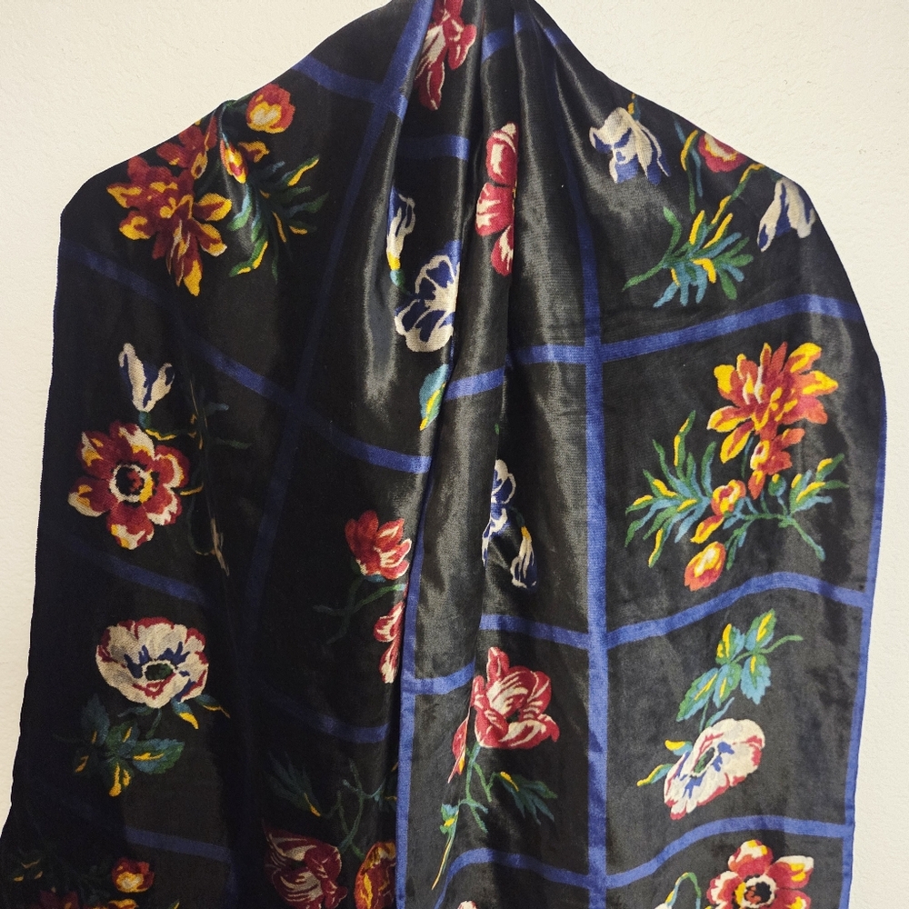 Vintage Rare HTF Kenzo Scarf Neckerchief Stola Black Flower Silk Velvet Italy